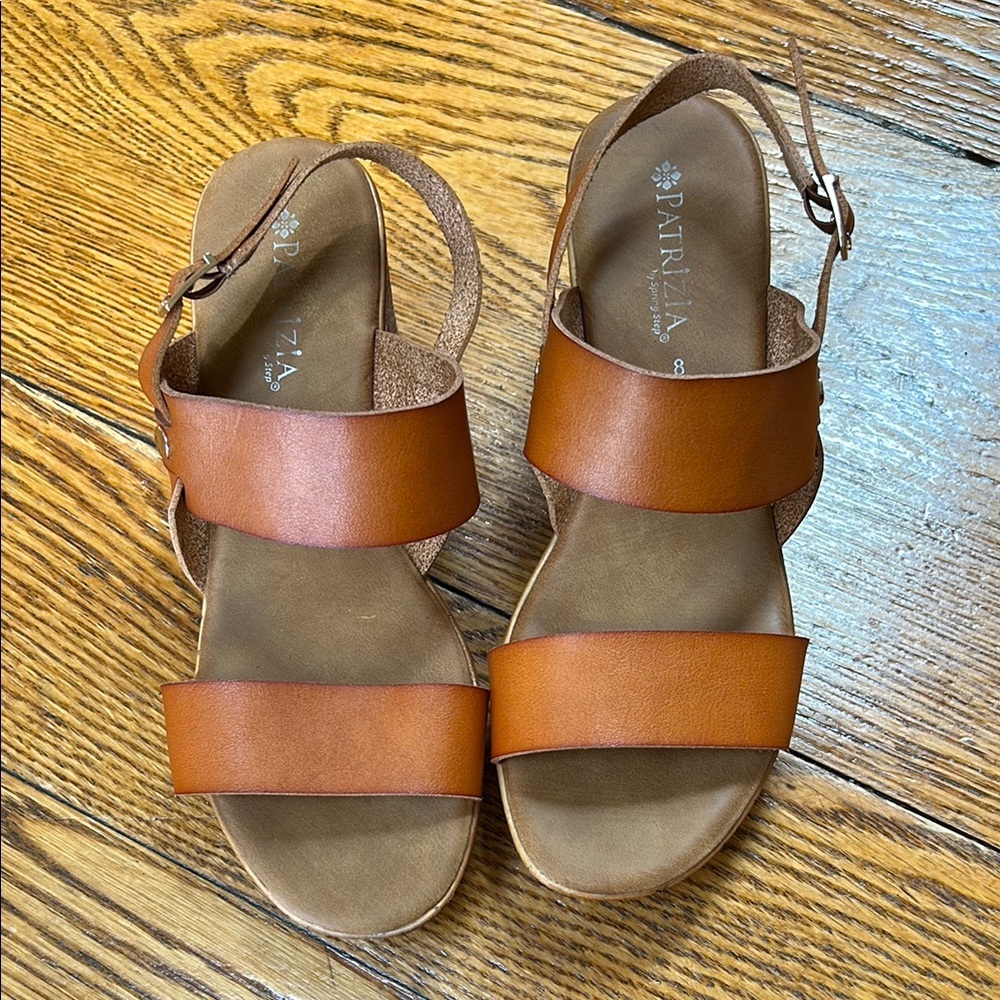 Patrizia Spring Step chunky heel sandals.  Gold buckles at ankles.  Size 8.